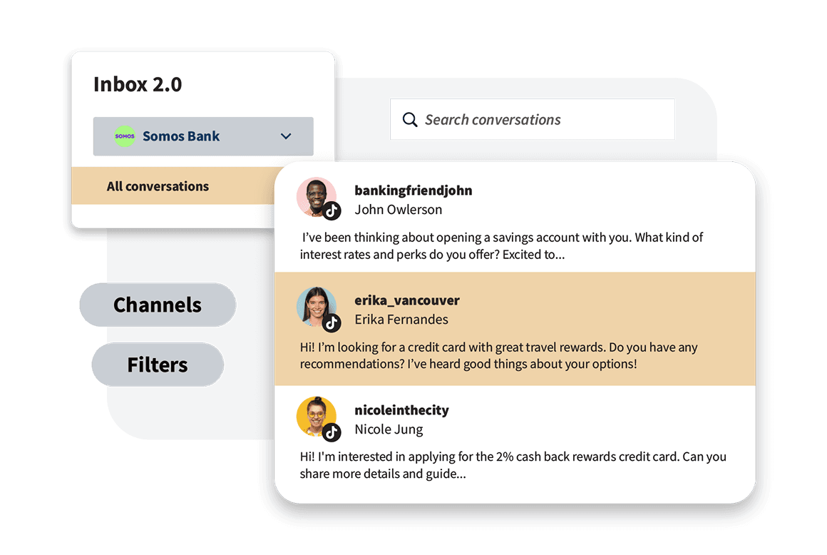 Customer service interface showing shared inbox with conversation threads, message counts, and a credit card inquiry discussion